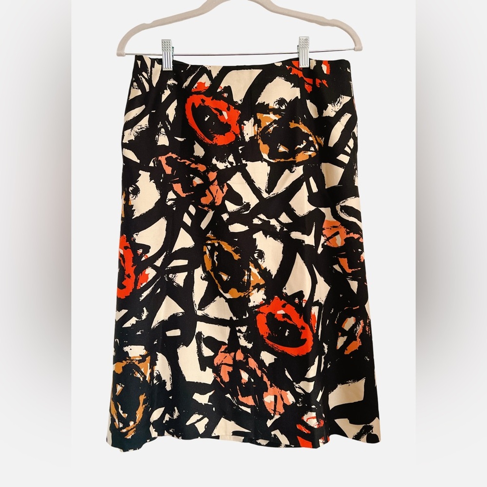 J Crew skirt 6 graphic abstract print black orange red knee length silk wool